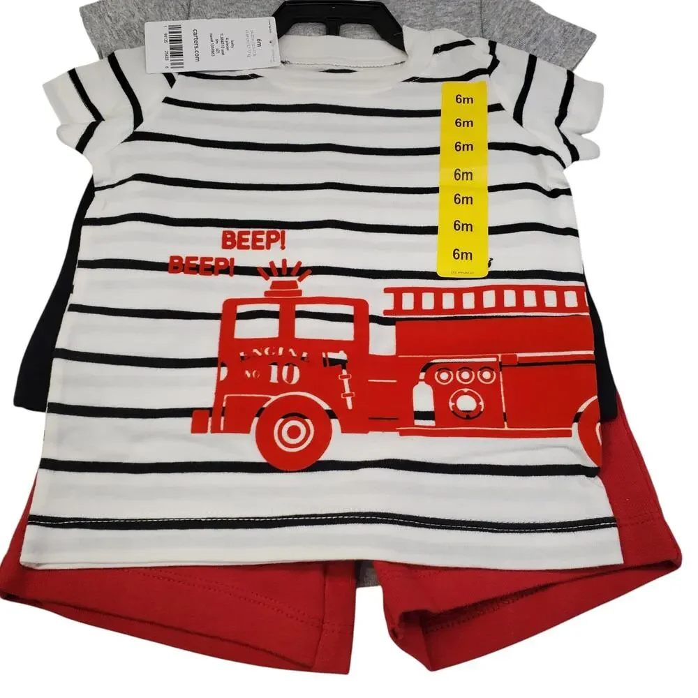Carters Baby Boys Firetruck 4 Piece Summer Outfits Size 6 Months NEW